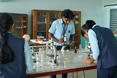 Senior students working with microscopes in the science lab