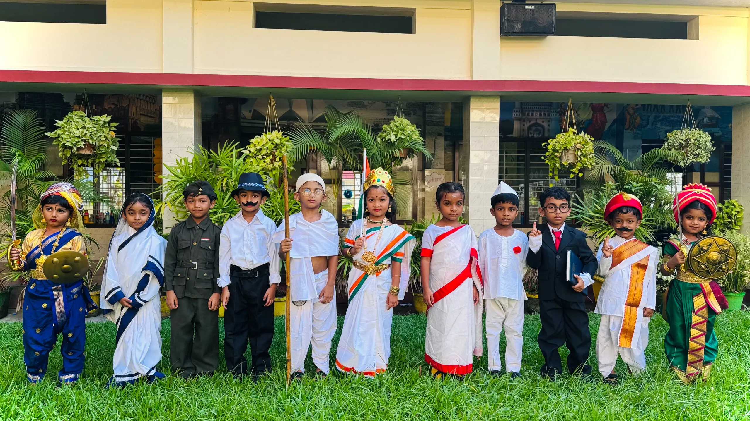 Kindergarten children dressed as freedom fighters for the Gandhi Jayanti celebration